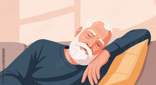 Elderly man sleeping peacefully on a sofa with his head resting on a cushion