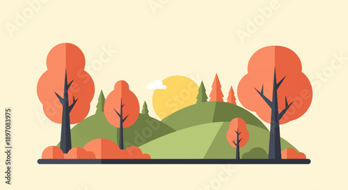 Flat illustration of an autumn landscape with rolling hills and trees