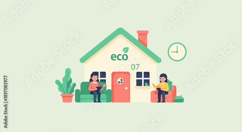 Flat illustration of an eco-friendly house with two people relaxing inside
