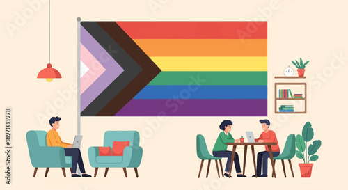 Diversity pride flag flies over people working on laptops and a bookshelf