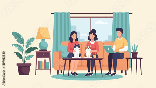 Family relaxing at home with pets and a laptop