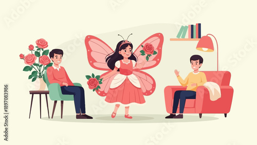 Family enjoying time at home, with child dressed as fairy