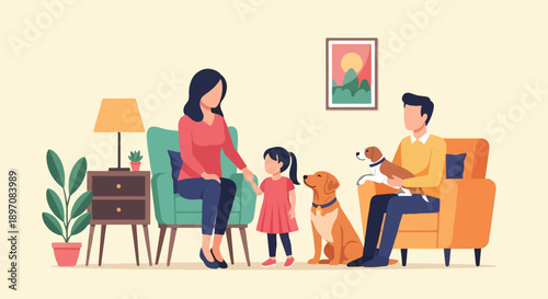 Family enjoying leisure time indoors with pets
