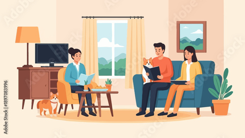 Family and pet enjoying leisure time reading in a cozy living room