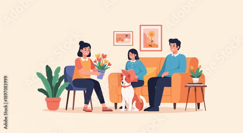 Family and pet enjoying time together indoors on a sofa