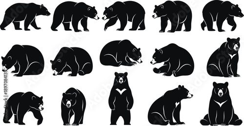 Bear Silhouette Illustration Set Showing Multiple Poses and Behaviors, Black Vector Wildlife Animals for Nature, Education, and Outdoor Design
