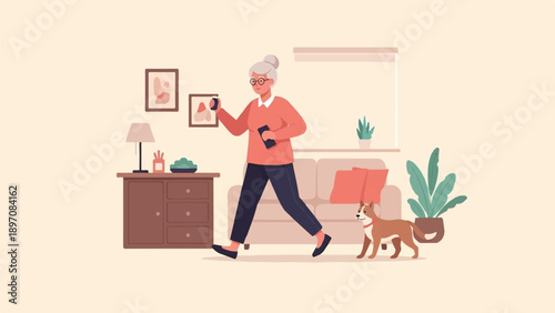 Elderly woman walks her dog in a cozy, well-decorated living room setting