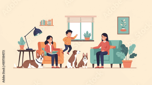 Family enjoying a cozy indoor scene with pets, reading, and playing