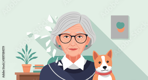 Elderly woman with glasses and a dog, in a room with a plant and picture