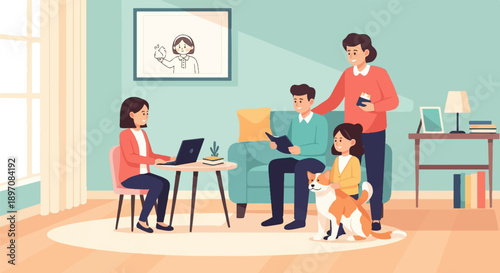 Family at home with a dog, working, reading, and relaxing indoors