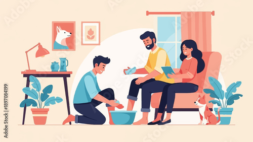 Family bonding and care caring for a father's feet at home