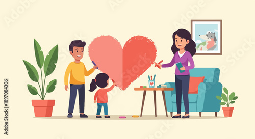 Family colors a giant heart with chalk indoors