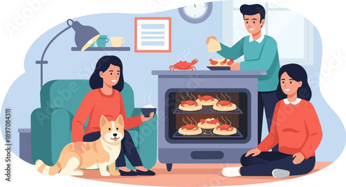 Family cooking and dining together in cozy living room