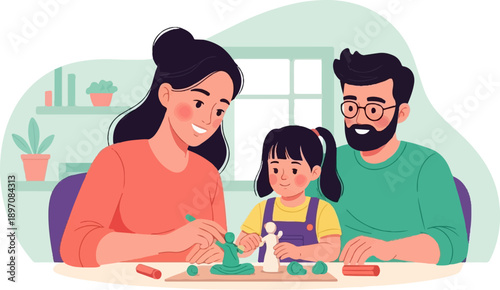 Family creating sculptures from colorful clay