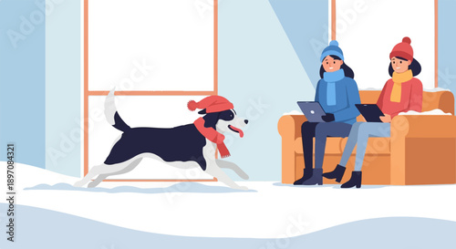 Dog plays in snow while two people use laptops indoors