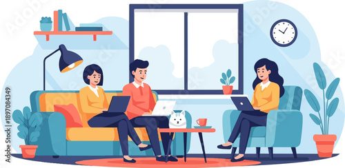 Diverse individuals work together on laptops in a cozy living room