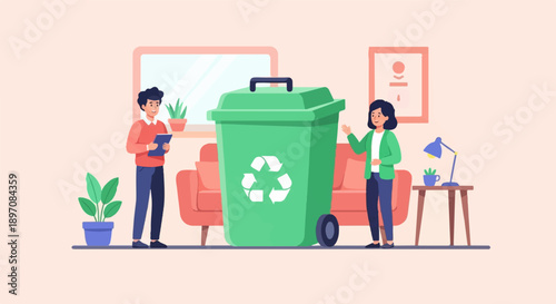 Diverse individuals sort waste by a recycling bin indoors