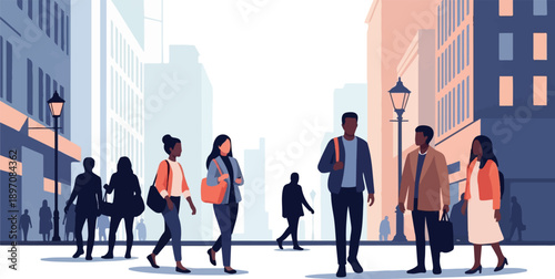 Diverse individuals walk on a city street lined with buildings and streetlights