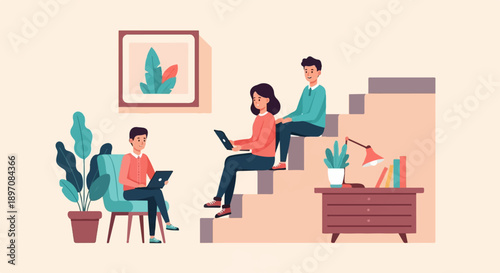 Diverse individuals work and relax in a stylized indoor setting