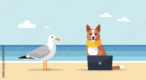 Dog with scarf uses laptop on beach, gull watches