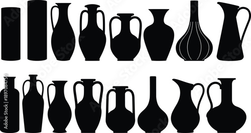 Collection of ancient ceramic vases silhouettes isolated on white background, classic pottery shapes vector illustration set for design projects branding