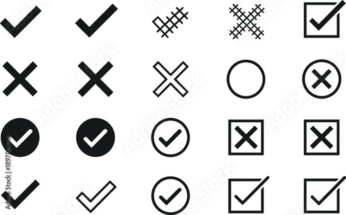 Minimal check mark and cross icon variations set with circles squares and patterns for modern user interface design