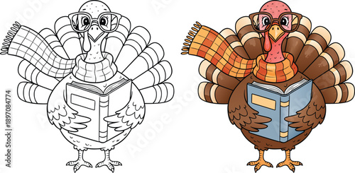 Vintage cute turkey wearing reading glasses and cozy scarf holding a thick book