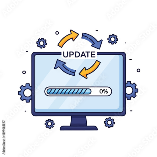 Computer screen showing 'UPDATE' with progress bar and circular arrows, plus gears
