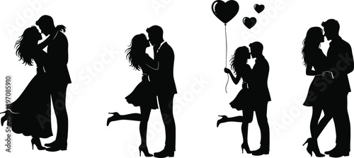 Romantic couple silhouettes kissing and embracing with heart balloons isolated on white background symbolizing love relationship romance and Valentine celebration concept