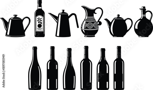 Wine Bottle and Pitcher Silhouette Illustration Set Featuring Beverage Containers, Black and White Vector Icons for Restaurant Bar Design