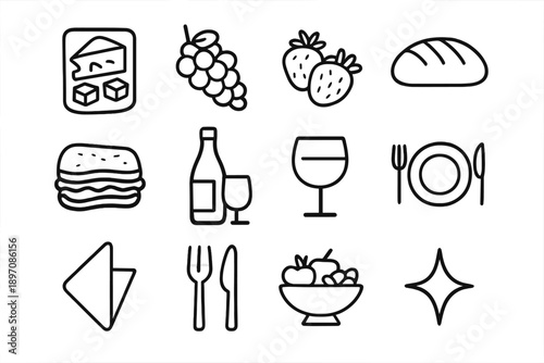 Romantic Food Icons. Romantic food spread. Line outline icon set of Romantic food spread: cheese board, grapes