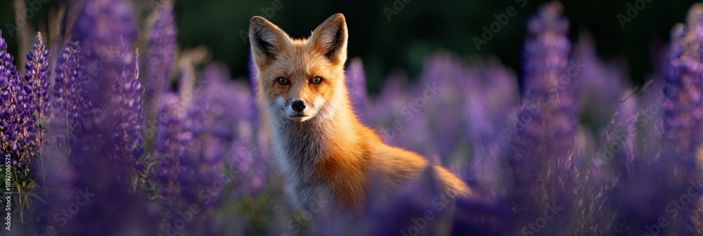 Naklejka premium Red fox in lupine field during golden hour