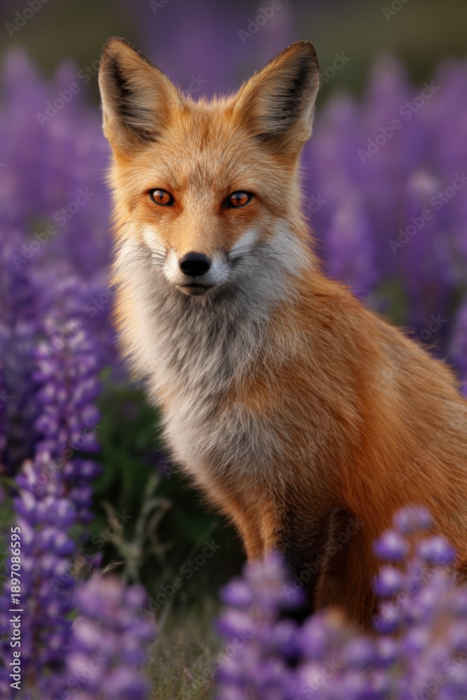 Obraz premium Majestic red fox amidst vibrant purple lupine blossoms