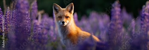Red fox in lupine field during golden hour