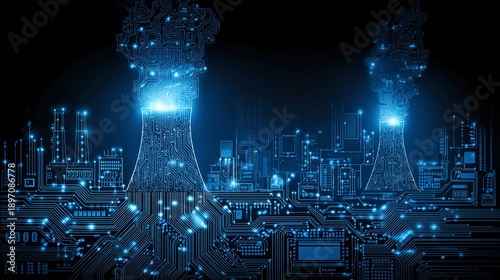 Futuristic Digital Energy Infrastructure Concept with Nuclear Power Cooling Towers Integrated into Electronic Circuit Board, High Tech Electricity Network, Artificial Intelligence, Data Center 