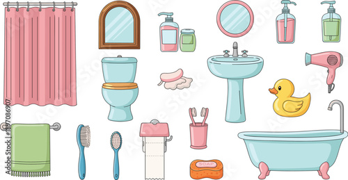 Bathroom interior illustration set with bathtub sink toilet mirror shower curtain and hygiene accessories flat vector