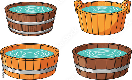 Wooden water tubs illustration set with round barrels filled with water for spa sauna bath flat vector design