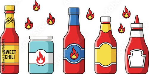 Hot chili sauce bottles illustration set with spicy condiments ketchup jars and flame icons flat vector design