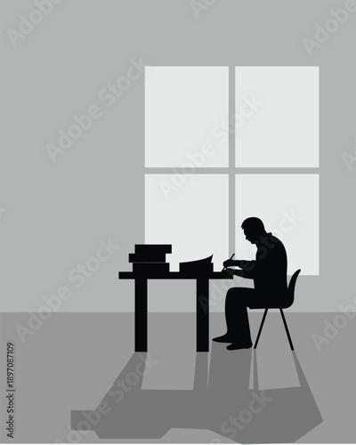 Silhouette of a Writer in a Lonely Room or Office. People and professions in the field of art vector