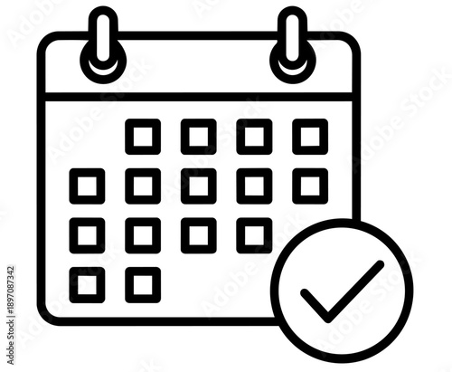 Simple calendar icon with checkmark indicating schedule confirmation or appointment reminder in black and white illustration style suitable for various digital applications and user interfaces.