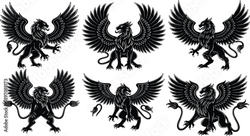 Griffin and griffon silhouettes set with spread wings, mythical fantasy creatures in dynamic poses, detailed black vector illustrations for heraldry, tattoo, and fantasy designs