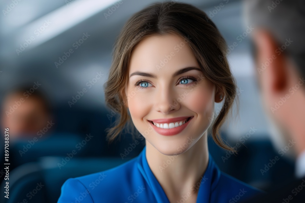 Fototapeta premium Close up photo of a flight attendant smiling and making eye contact with passenger, human emotions, customer service concept