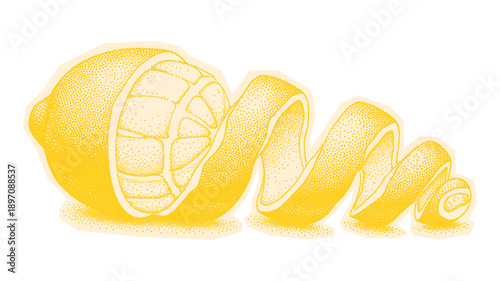 partially peeled lemon with a peel falling off, illustration in retro halftone style, vintage photocopy design