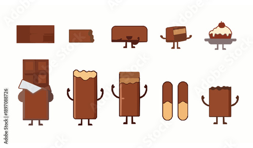 Chocolate wafer bar flat vector illustration set with broken pieces