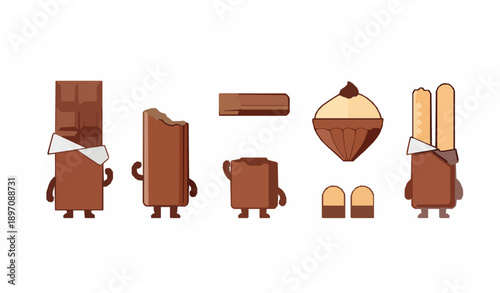 Chocolate wafer bar flat vector illustration set with broken pieces