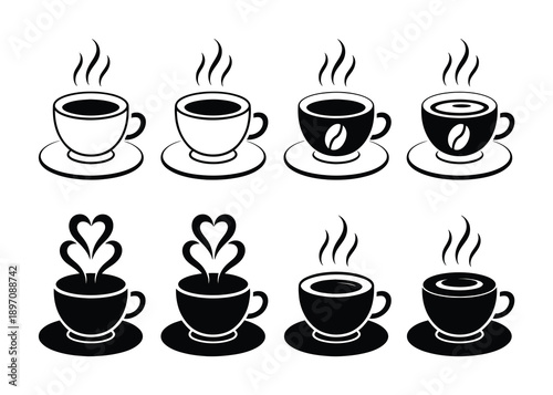 Collection of Eight Black and White Coffee Cup Icons with Steam and Designs