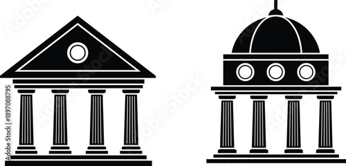 Classical government building silhouettes with columns and dome illustrating courthouse, capitol, and institutional architecture in black and white vector icon style