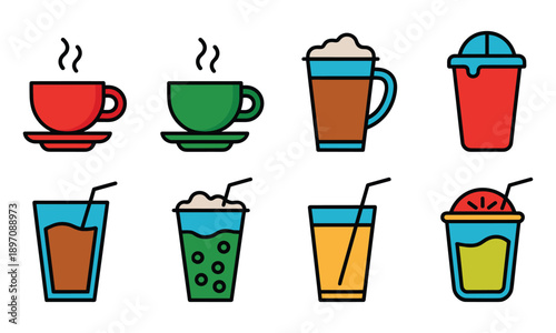 Diverse Beverages: Coffee, Tea, Juice, Smoothies - Vector Icon Set