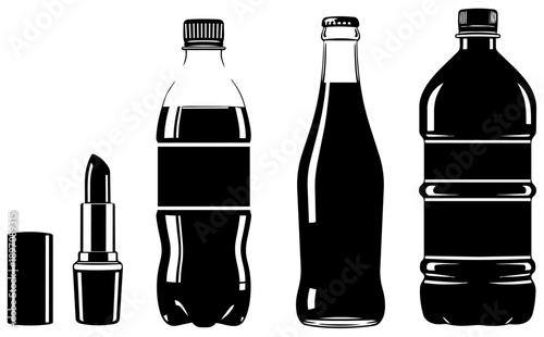 Collection of contrasting product silhouettes featuring various beverage containers and an open tube of cosmetic lipstick side by side.
