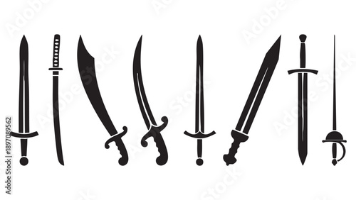 Black vector icon set of swords, multiple unique sword designs and variations, shown from different angles including side view, top view, and angled view, solid black silhouettes only